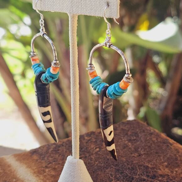 Turquoise Kenya Bone Spiny Oyster Sterling Artisan Teardrop Earrings - Picture 9 of 9